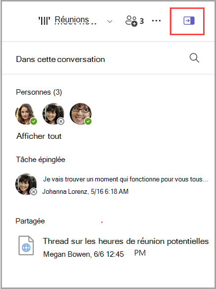 Capture d’écran montrant comment afficher un volet d’informations de conversation qui inclut une liste de 3 personnes, 1 message épinglé et 1 document partagé.