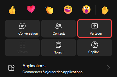 Menu d’une réunion avec des options permettant de commencer l’enregistrement, de vous mettre en attente, de vous appeler, de partager, d’obtenir un pavé numérique ou de désactiver la vidéo entrante.