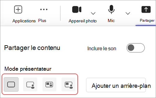 Capture d’écran mettant en évidence différents modes de présentateur dans les contrôles de réunion Microsoft Teams.