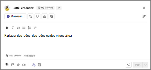 Zone de saisie de texte intitulée Mon scénario et un bouton Discussion, options de mise en forme et espaces réservés pour le partage, l’ajout de personnes et la publication.