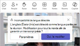 Capture d’écran d’une notification Teams invitant à mettre à jour la langue parlée d’une réunion.
