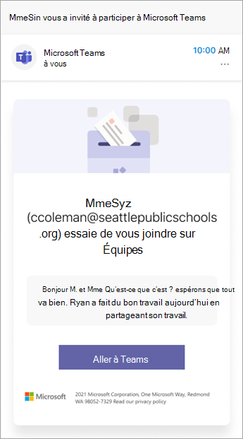 Capture d’écran mobile de l’invitation des enseignants à rejoindre la conversation sur Teams.