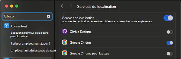 Image montrant la fenêtre Sécurité et confidentialité avec activer les services de localisation mis en évidence.