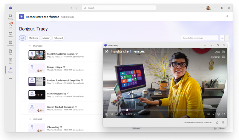 Capture d’écran montrant un récapitulatif vidéo narré lu dans l’application Récapitulatifs de réunion avec les temps forts de la réunion.