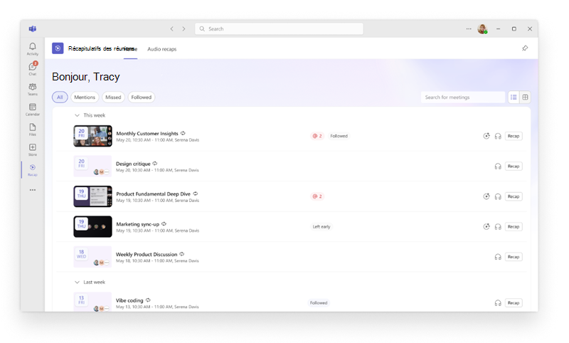 Capture d’écran montrant l’application Récapitulatifs de réunions ouverte dans Microsoft Teams avec une collection de récapitulatifs de réunions passées.