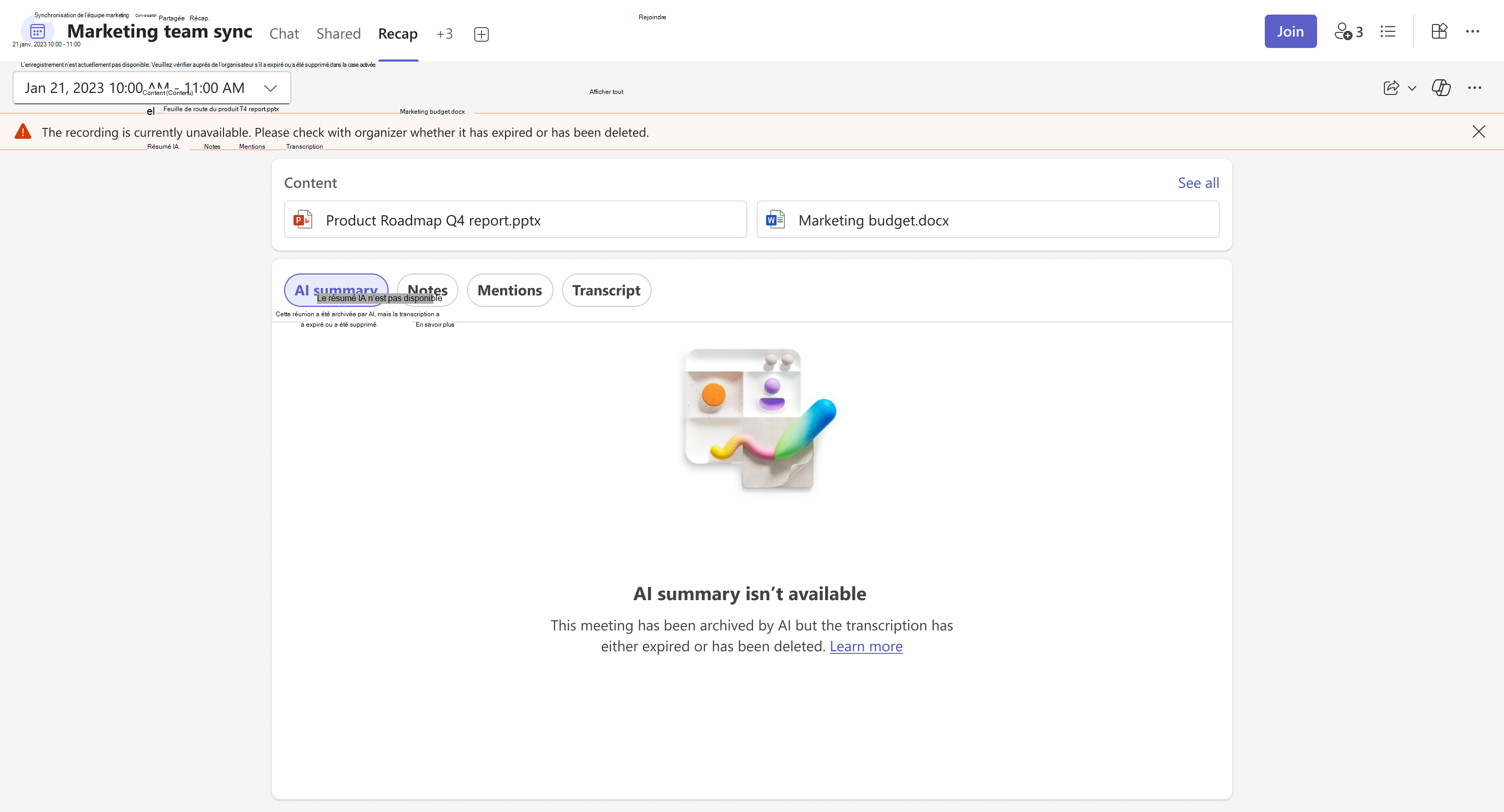 Page de résumé de l’IA lorsque la transcription a expiré mais que la mémoire de la réunion existe toujours.