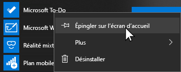 Menu contextuel pour l’ouverture de Microsoft To Do et l’option Épingler au démarrage sélectionnées