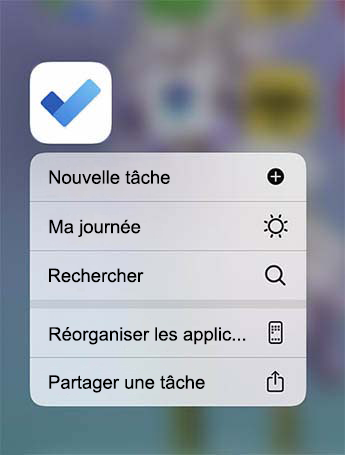 Le menu Action rapide To Do est ouvert avec l’option permettant d’ajouter une nouvelle tâche, d’ajouter à Ma journée ou de rechercher une tâche