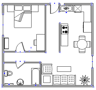 Plan de la maison montrant les espaces de vie, la chambre, la salle de bains et la cuisine