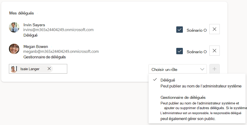 Liste déroulante affichant le délégué et le gestionnaire de délégués lors de l’ajout d’un délégué
