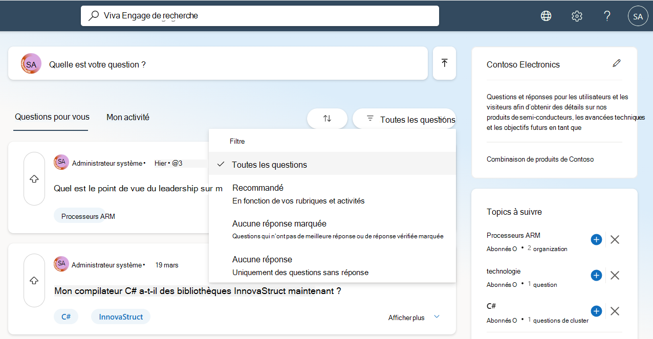 Vous pouvez filtrer par plusieurs catégories dans la page Toutes les questions