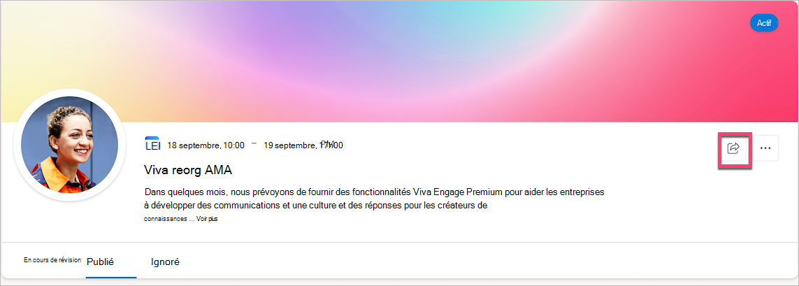 Capture d’écran montrant l’icône de partage sur la page d’événements AMA.