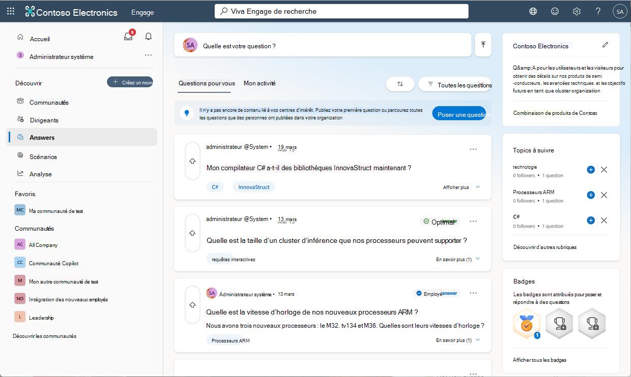 Réponses dans la page principale de Viva avec tous les éléments principaux