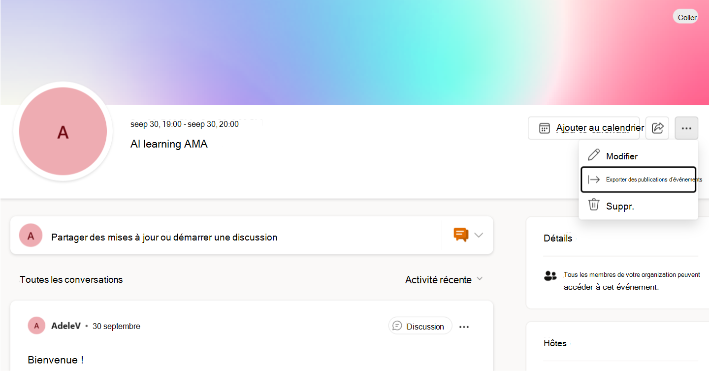 Exportation des données de discussion AMA à partir du menu Plus