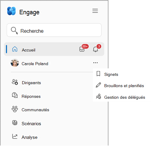 Menu contextuel pour les utilisateurs Viva Engage