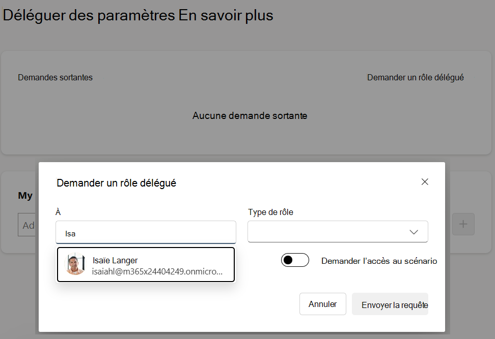 fenêtre contextuelle, y compris les informations pertinentes pour envoyer la demande de délégué