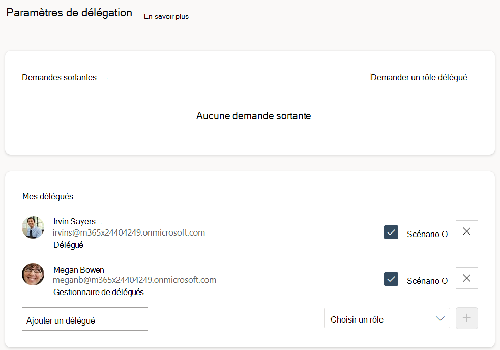 Page affichant l’option permettant de demander un rôle délégué