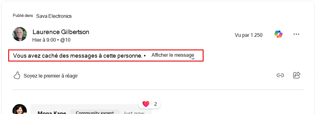 Résultats du masquage des messages d’un utilisateur
