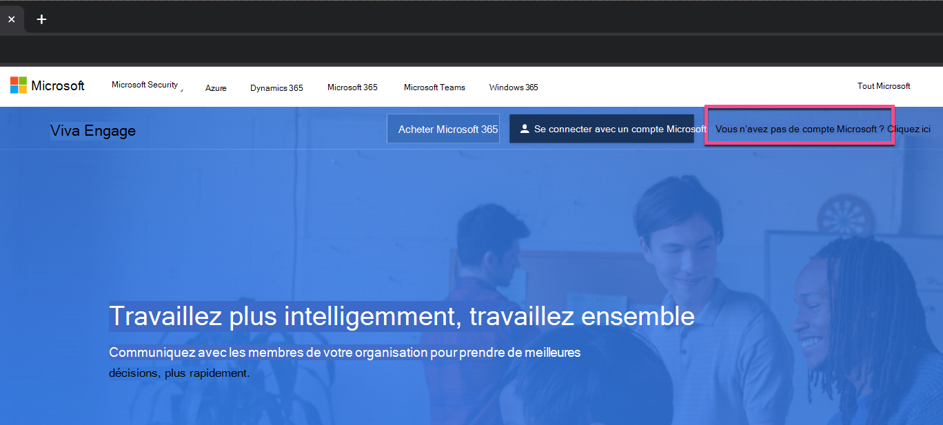 Capture d’écran montrant le nouveau bouton de connexion sur Viva Engage page.