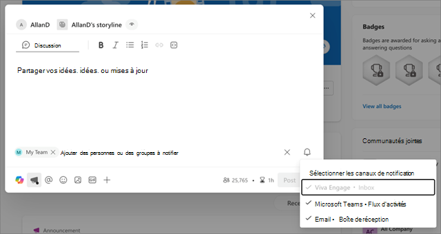 Capture d’écran des canaux de notification dans une nouvelle annonce de scénario