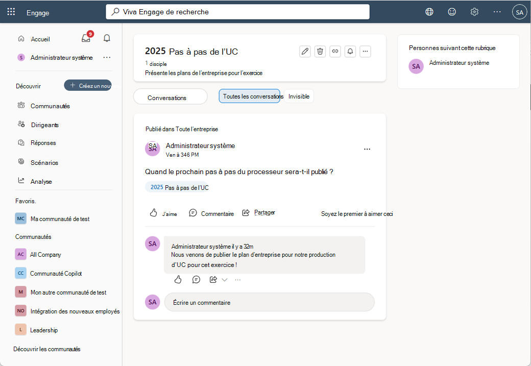 La page du sujet affiche ses conversations et ses abonnés