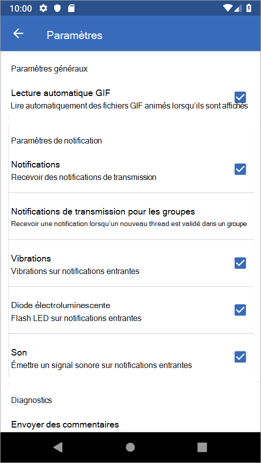 Options des paramètres Android