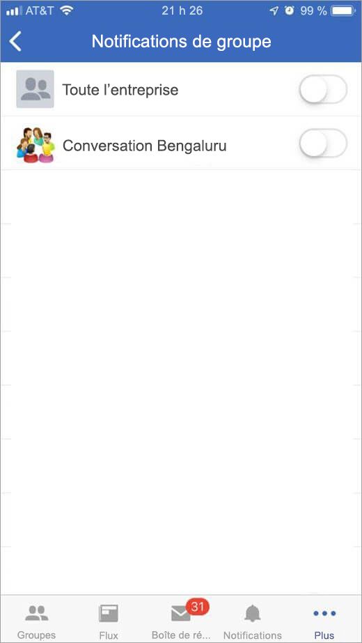 Page de Engage iOS pour la sélection des groupes à partir duquel recevoir des notifications