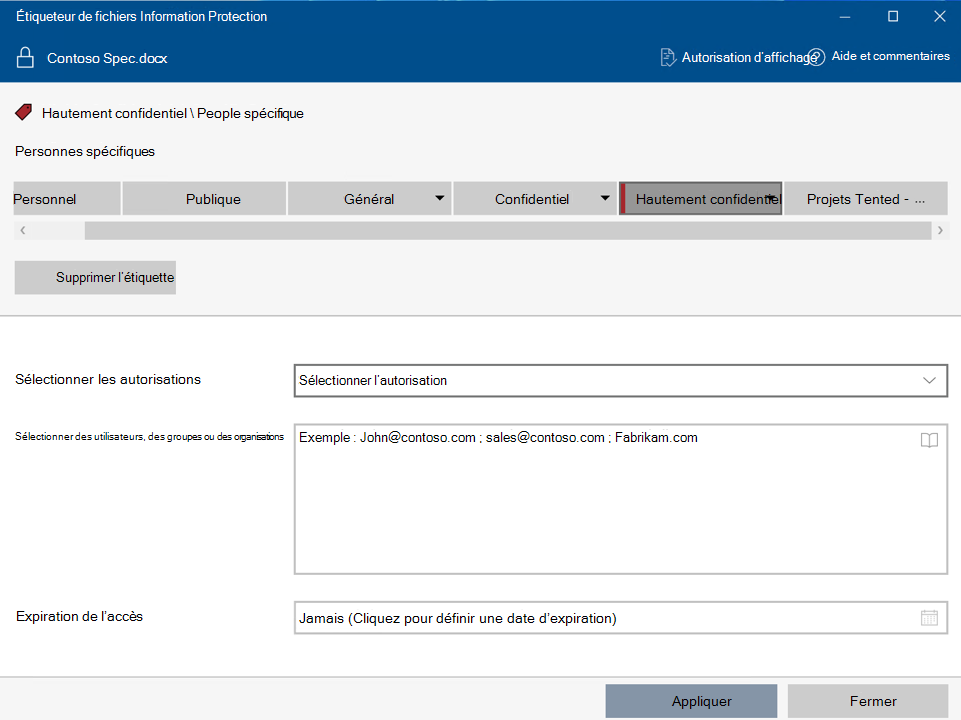 Appliquer une étiquette de confidentialité avec des autorisations personnalisées à l’aide de l’étiqueteur de fichiers Protection des données Microsoft Purview