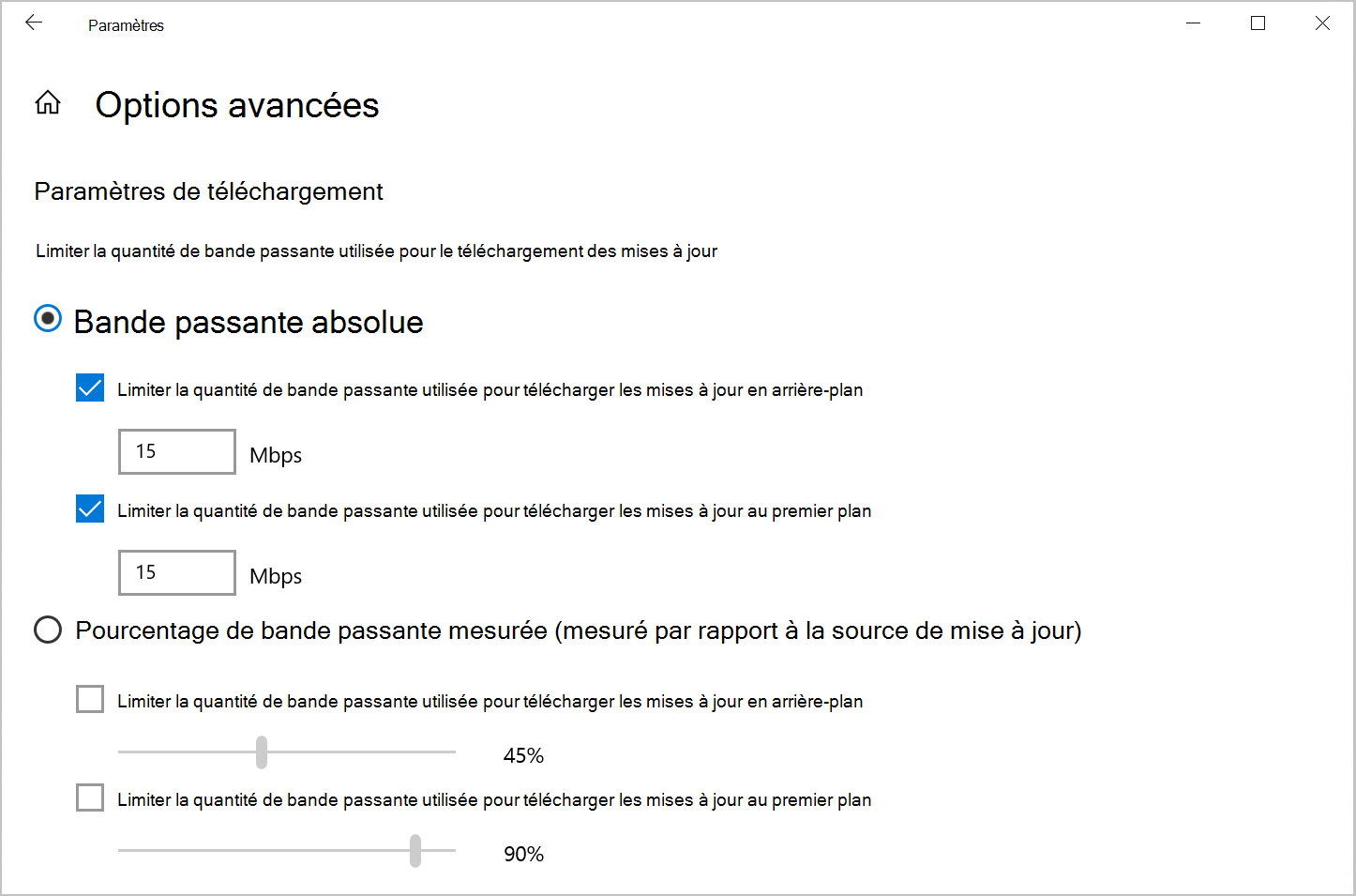 Capture d’écran de l’option Optimisation de la distribution pour limiter la bande passante de téléchargement dans Windows 10.