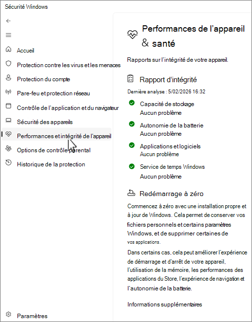 Capture d’écran de la page appareil et performances de l’application Sécurité Windows.
