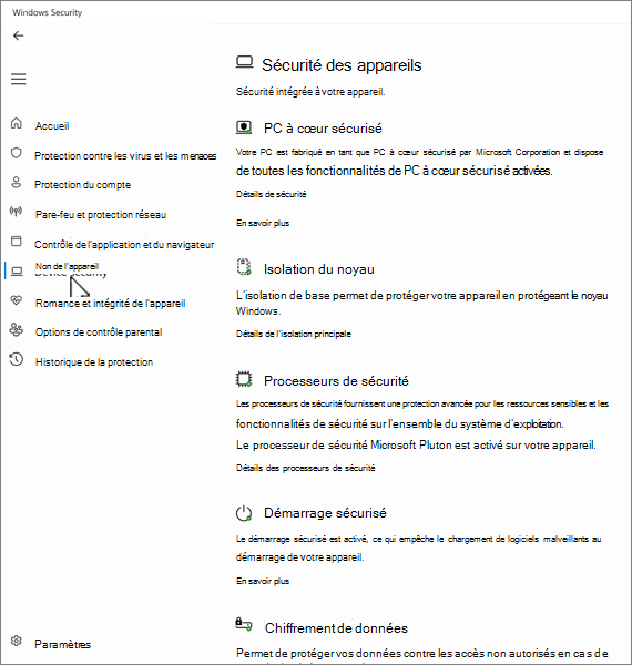 Capture d’écran de l’écran de sécurité de l’appareil dans l’application Sécurité Windows.