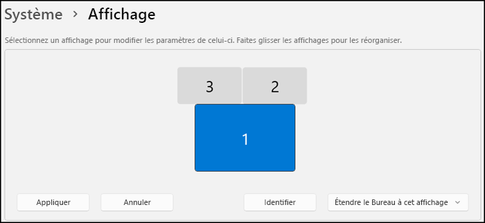 Affiche la section de l’écran d’affichage qui indique comment vos moniteurs sont organisés. Le texte indique que vous pouvez sélectionner un moniteur pour modifier ses paramètres ou faire glisser les affichages pour les organiser.
