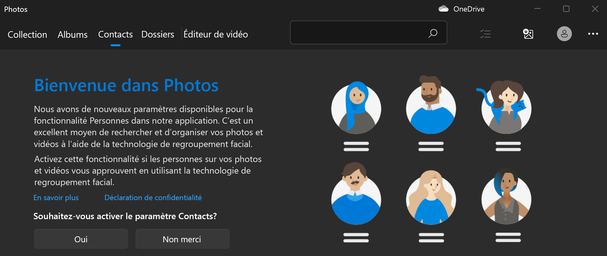 Affiche l’écran d’accueil des photos avec les boutons Oui et Non après une question sur la mise en place du paramètre Personnes.