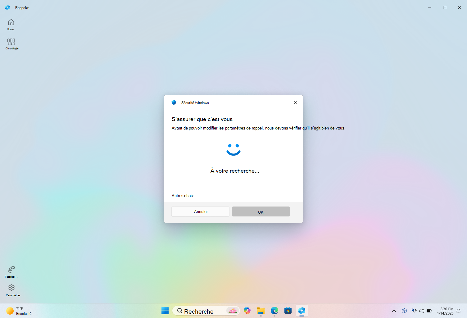Capture d’écran de l’authentification vers Retrouver avec Windows Hello