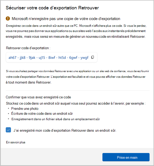 Capture d’écran du code d’exportation pour rappel