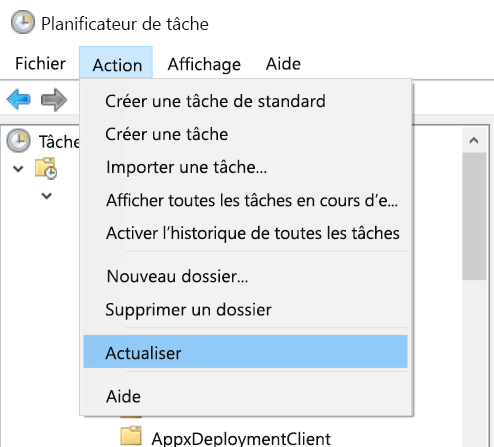Sélection de l’action > Actualiser dans le Planificateur de tâches.