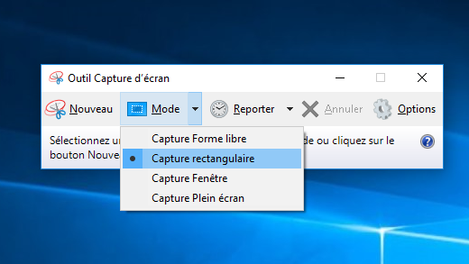 Capture d’écran des options du mode outil