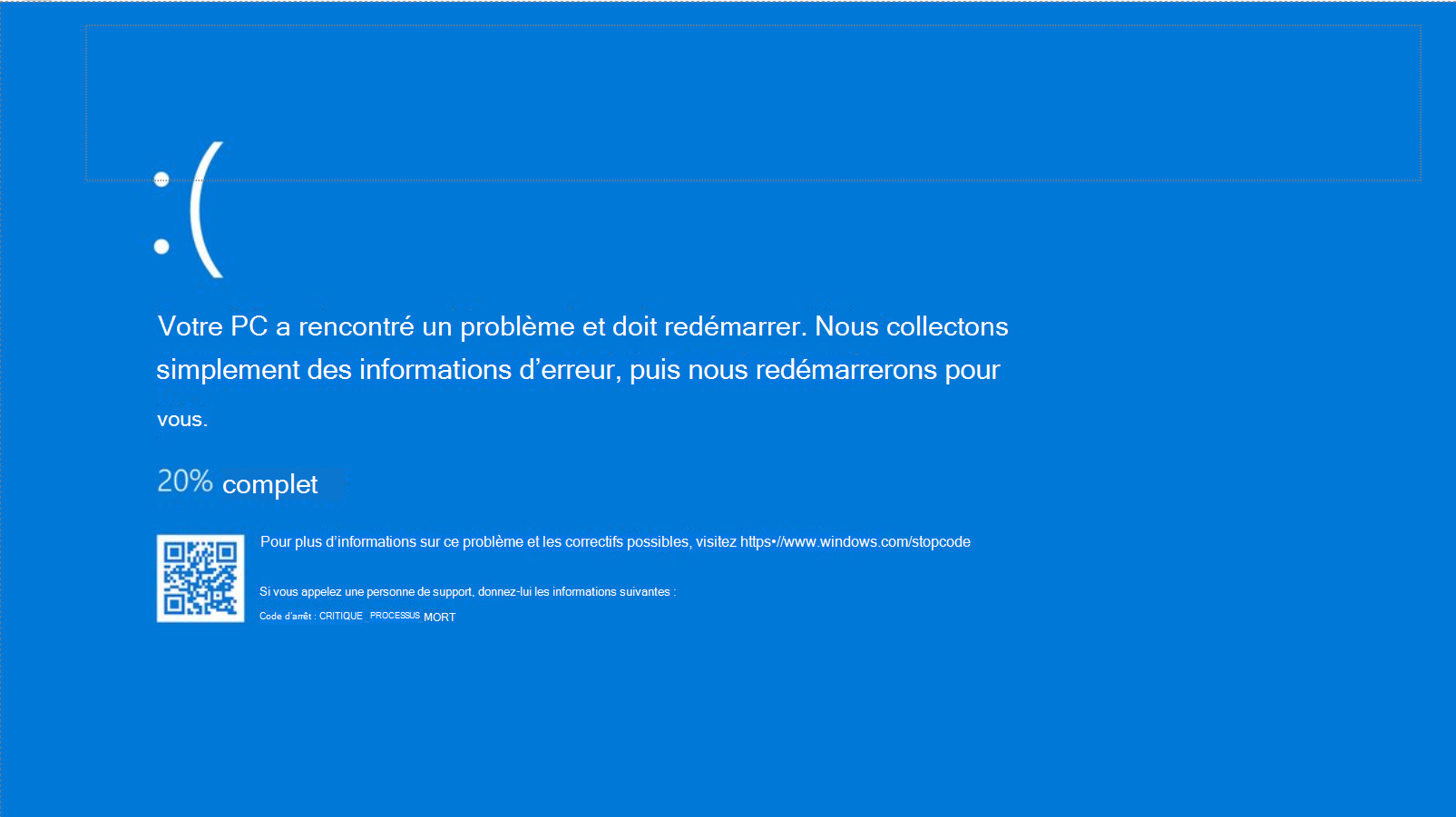 Capture d’écran d’une erreur de code d’arrêt dans Windows 10