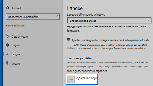 Paramètres de langue dans Windows 10
