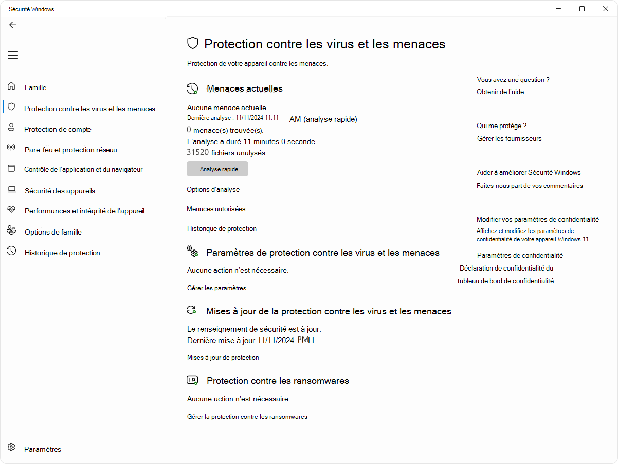 Capture d’écran de la page protection contre les virus et les menaces de l’application Sécurité Windows.
