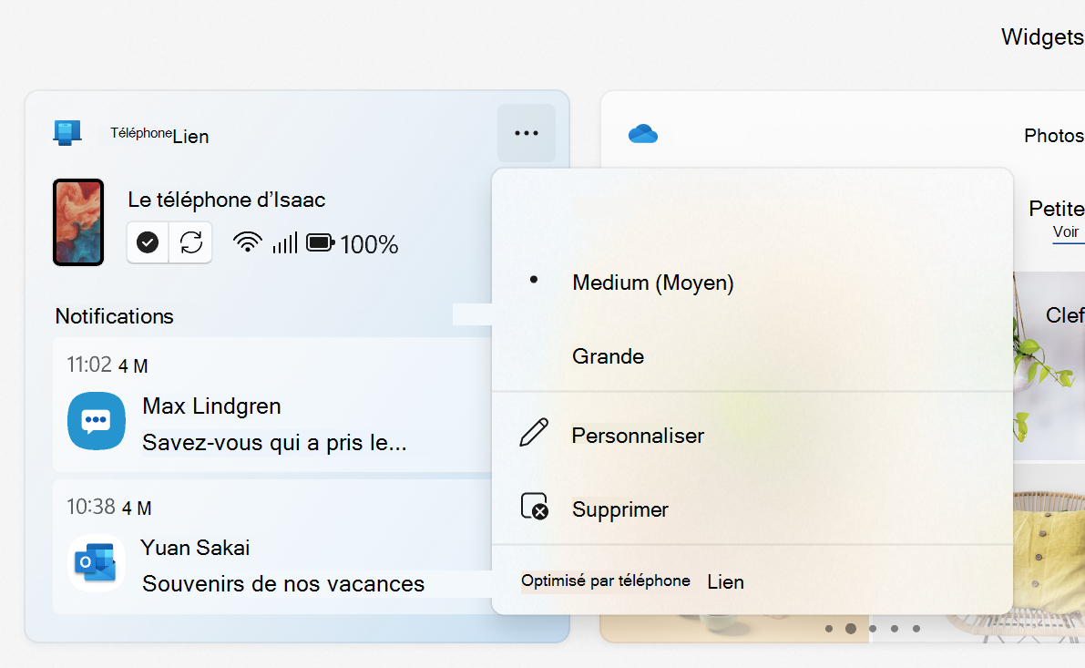 Menu du widget Mobile connecté affichant les options Taille, Personnaliser, Supprimer et Optimisé par Mobile connecté.