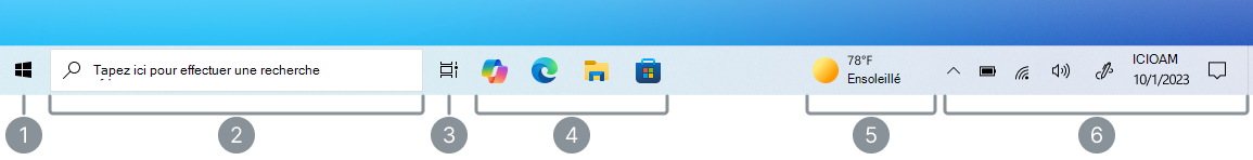 Capture d’écran de la barre des tâches Windows 10 avec une étiquette pour chaque section.