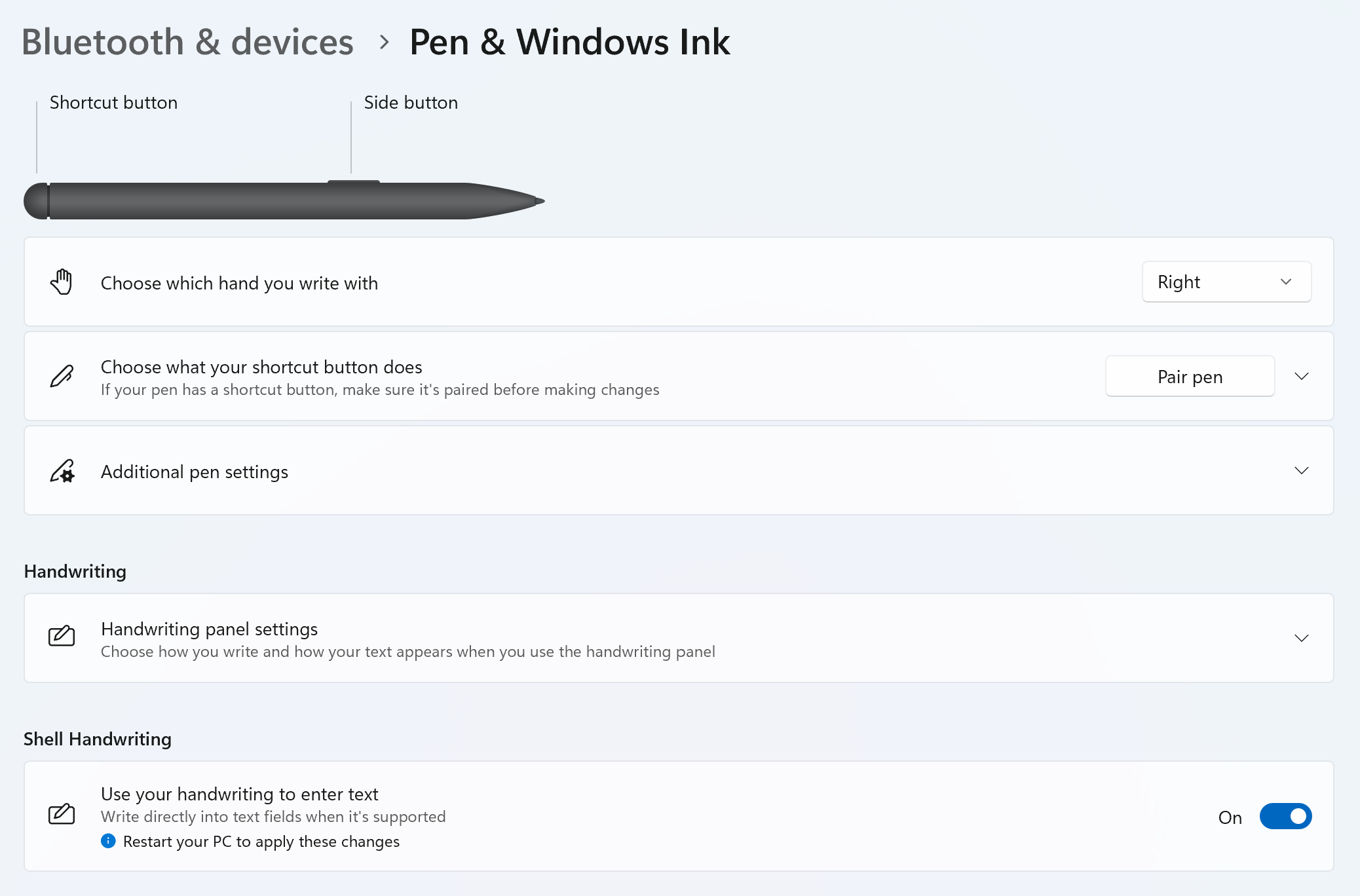 Capture d’écran de la page Stylet et Windows Ink dans l’application Paramètres Windows.
