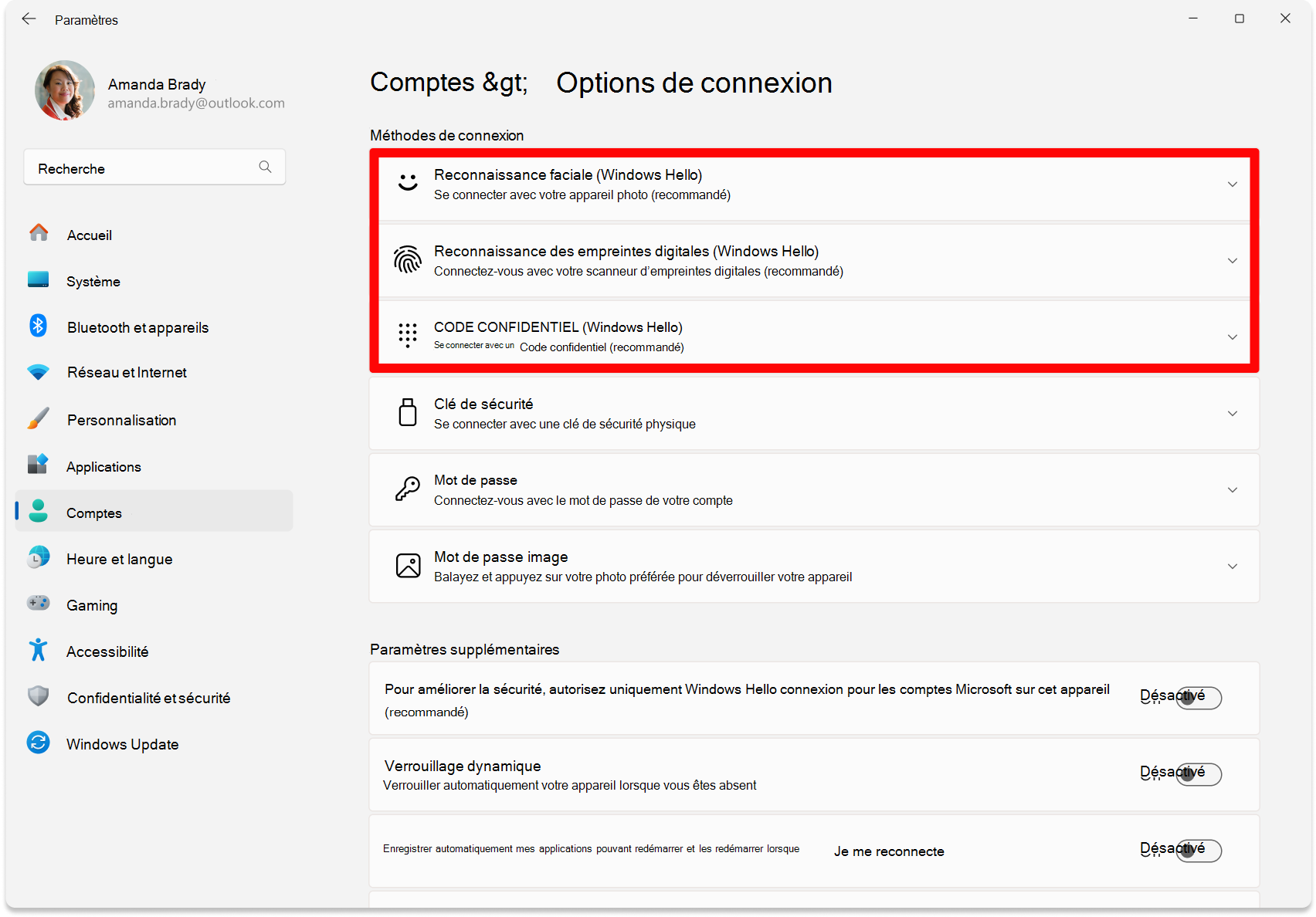 Screenshot of Settings - Options to configure Windows Hello.