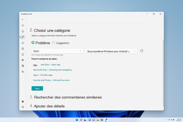 Capture d’écran de la fenêtre Hub de commentaires avec applications sélectionnées comme catégorie, puis sous-système Windows pour Android sélectionné comme sous-catégorie.