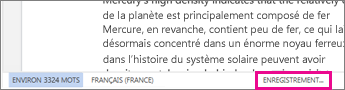Barre de status de Word pour le web affichant Enregistrement