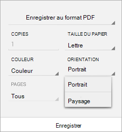 Paramètres d’impression Android avec le menu Orientation ouvert