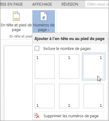 Galerie des numéros de page avec une disposition de numéro de page sélectionnée