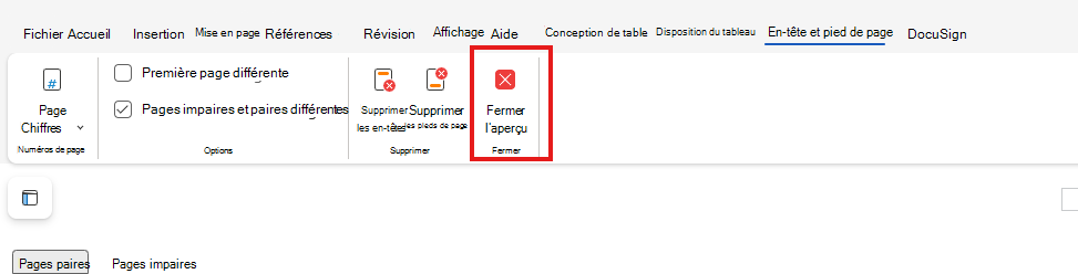 Fermer l’aperçu de l’en-tête et du pied de page sur le web