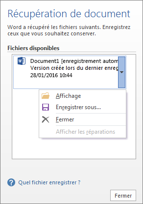 Volet Récupération de document